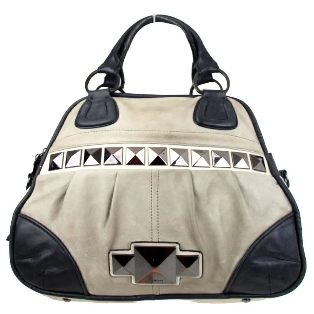 LARGE MARCIANO GRAY BLACK GENUINE LEATHER TOP HANDLE SATCHEL HANDBAG TOTE PURSE